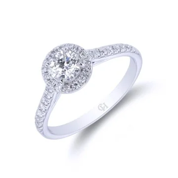Platinum Round Brilliant 0.50ct Diamond Solitaire Ring with Halo and Shoulders