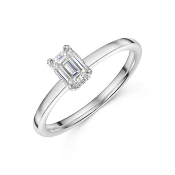 Platinum V-Shape 0.50ct Emerald Cut Diamond Solitaire Ring With Diamond Accent