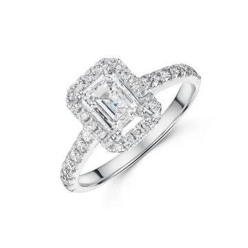Platinum Emerald and Brilliant Cut 1.50ct Diamond Halo Ring