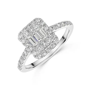 18ct White Gold Baguette & Round Brilliant Cut 0.80ct Diamond Cluster Ring