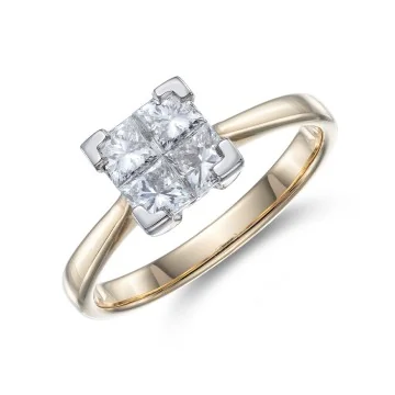 Pre-Owned 18ct Yellow Gold Princess Cut 0.75ct Diamond Tile Cut Cluster Ring - Size M