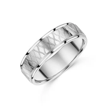9ct White Gold 6mm Gents Patterned Wedding Ring