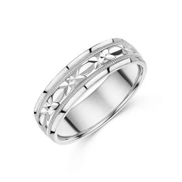 9ct White Gold 6mm Gents Diamond Cut Wedding Ring