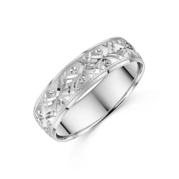 9ct White Gold 6mm Diamond Cut Gents Wedding Ring