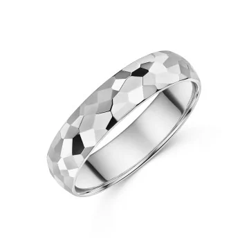 9ct White Gold 5mm Hammered Effect Gents Wedding Ring