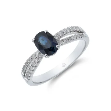 9ct White Gold Oval Sapphire 0.18ct Diamond and Sapphire Ring