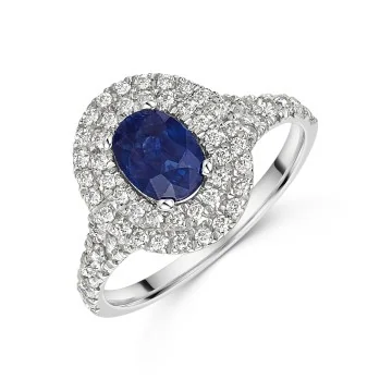 9ct White Gold Oval Cut 0.75ct Sapphire & Double Diamond Halo Ring