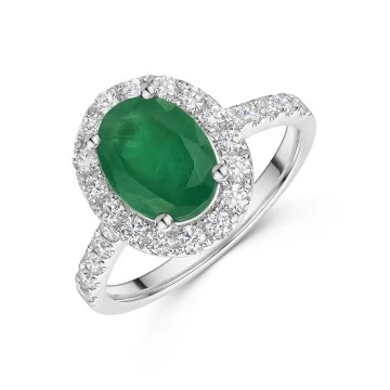 18ct White Gold Oval Cut 1.75ct Emerald Ring with Diamond Halo and Shoulders