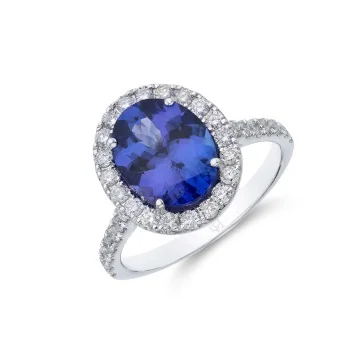 Platinum 2.60ct Tanzanite and 0.59ct Round Brilliant Diamond Halo Ring