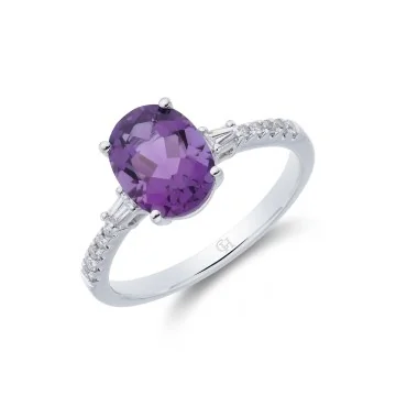 9ct White Gold Oval Cut Amethyst and Emerald Cut Diamond 2.13 Three Stone Ring