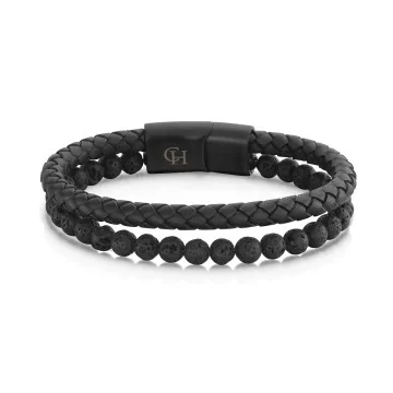 Gents Stainless Steel & Leather Ball & Plaited Double Row Bracelet