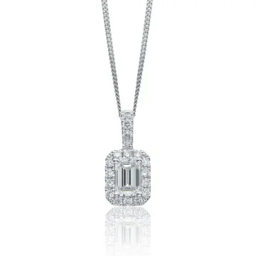 18ct White Gold Emerald Cut 0.41ct Diamond Halo Pendant