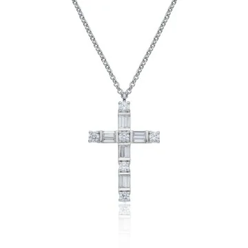 18ct White Gold Baguette And Brilliant Cut 0.41ct Diamond Cross Pendant
