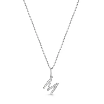 9ct White Gold Round Brilliant 0.08ct Diamond Letter M Pendant