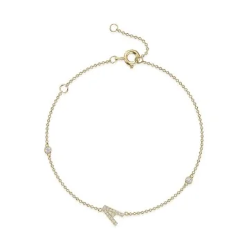 9ct Yellow Gold Round Brilliant 0.11ct Diamond Initial A Bracelet