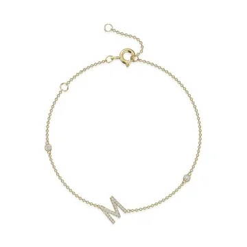 9ct Yellow Gold Round Brilliant 0.13ct Diamond Initial M Bracelet