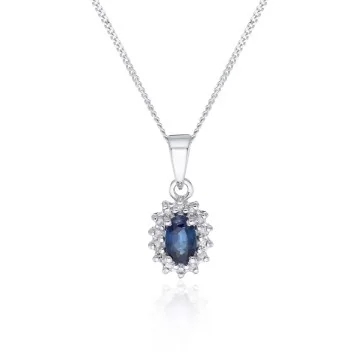 9ct White Gold 0.35ct Oval Sapphire and 0.06ct Diamond Halo Pendant