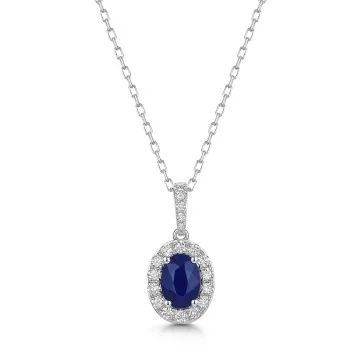 18ct White Gold Oval Cut Blue Sapphire 1.00ct with Diamond Halo Pendant