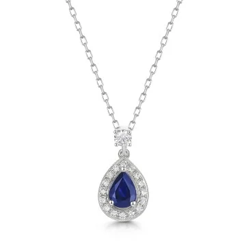 18ct White Gold Pear Cut Blue Sapphire with Diamond Halo Drop Pendant