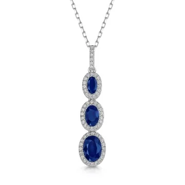 18ct White Gold Oval Cut 1.80ct Blue Sapphire and 0.20ct Diamond Halo Drop Pendant