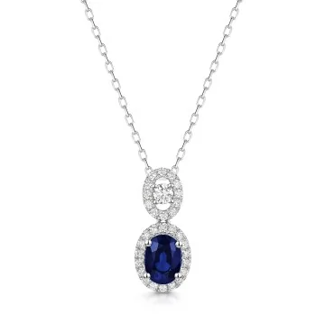18ct White Gold 1.28ct Oval Cut Blue Sapphire and Diamond Drop Pendant