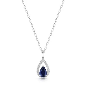 18ct White Gold 0.57 Pear Cut Blue Sapphire & Diamond Pendant Necklace