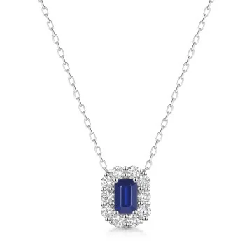 18ct White Gold 0.70ct Emerald Cut Sapphire and 0.55ct Diamond Halo Pendant