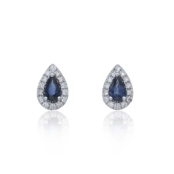 9ct White Gold Pear Cut 1.00ct Sapphire & Diamond Halo Earrings