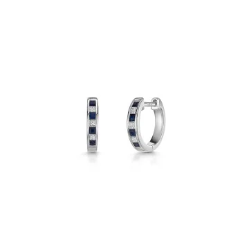 9ct White Gold Princess Cut 0.25ct Sapphire and 0.15ct Diamond Hoop Earrings