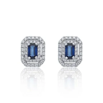 18ct White Gold Emerald Cut Sapphire 1.09ct Diamond Double Halo Earrings