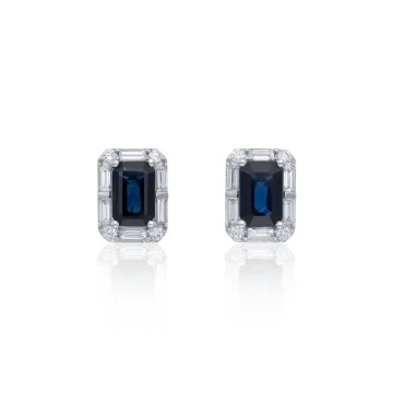 18ct White Gold Brilliant And Baguette Cut Diamond And Sapphire 0.40ct and 1.30ct Stud Earrings