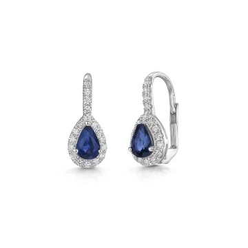 18ct White Gold Pear Cut Sapphire and Diamond Halo Drop Earrings 1.33ct