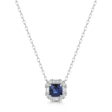 18ct White Gold 0.85ct Cushion Cut Sapphire and Diamond Halo Pendant