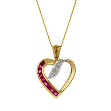 9ct Yellow Gold Princess Cut Ruby and Diamond Cluster Heart Pendant