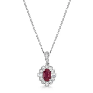 18ct White Gold 1.47ct Oval Cut Ruby and Mixed Cut Diamond Halo Pendant