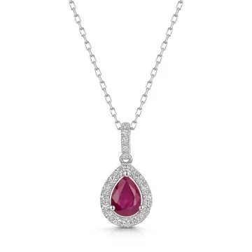 18ct White Gold Pear Cut Ruby 0.80ct with Diamond Halo Pendant