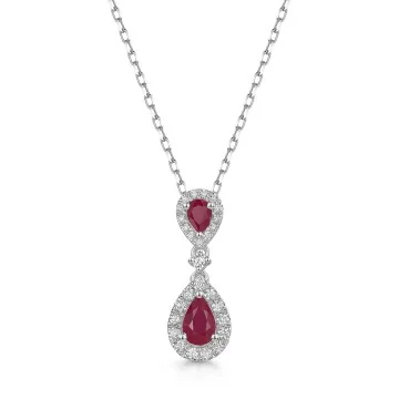 18ct White Gold Pear Cut 0.60ct Ruby and 0.25ct Diamond Halo Drop Pendant