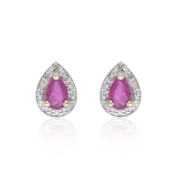 9ct Yellow Gold Pear Cut Ruby and Diamond Halo Stud Earrings