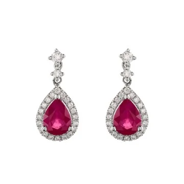 18ct White Gold Ruby and Diamond Halo Drop Earrings