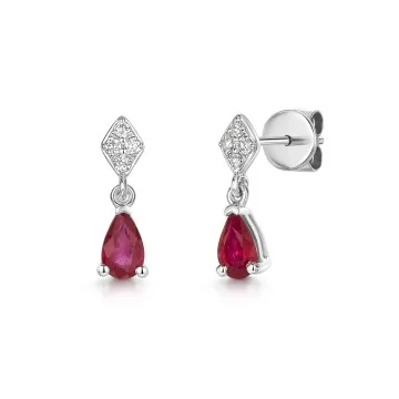 18ct White Gold Pear Cut Ruby 0.55ct with Diamond Drop Earrings