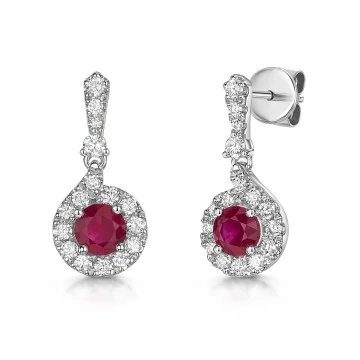 18ct White Gold Round Brilliant Cut Ruby 0.60ct and Diamond Earrings