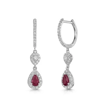 18ct White Gold Pear Cut Ruby with Diamond Drop Earrings 1.00ct