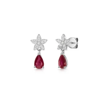 18ct White Gold 1.00ct Pear Cut Ruby and Diamond Cluster Drop Earrings