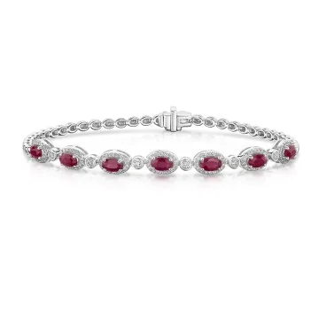 18ct White Gold Oval Cut Ruby 1.90ct and Diamond Halo Cluster Bracelet