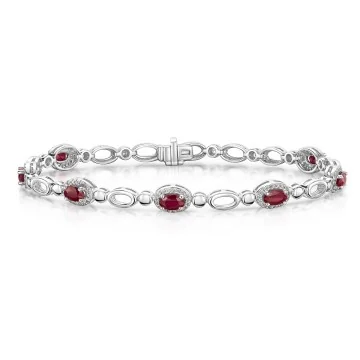 18ct White Gold Oval Cut Ruby and Diamond Halo Cluster Bracelet