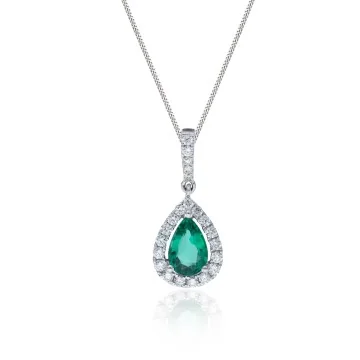 18ct White Gold Pear Cut 0.75ct Emerald & 0.24ct Diamond Halo Pendant