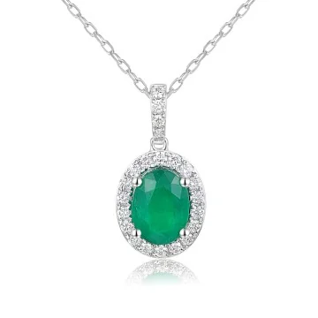 18ct White Gold 1.45ct Oval Cut Emerald and Diamond Halo Pendant