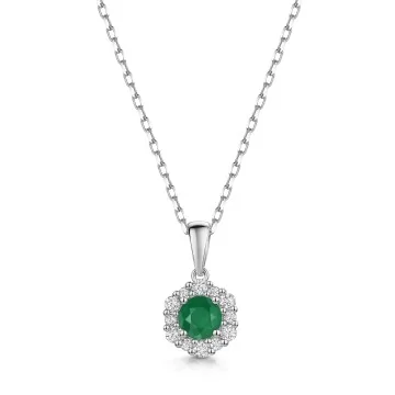 18ct White Gold Round Brilliant 0.50ct Emerald with 0.20ct Diamond Halo Pendant