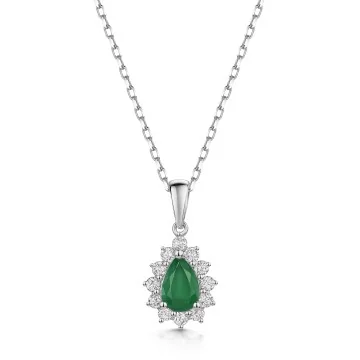 18ct White Gold Pear Cut 0.70ct Emerald with 0.35ct Diamond Cluster Halo Pendant