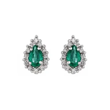 9ct White Gold Pear Cut Emerald 0.039ct Diamond Halo Earrings